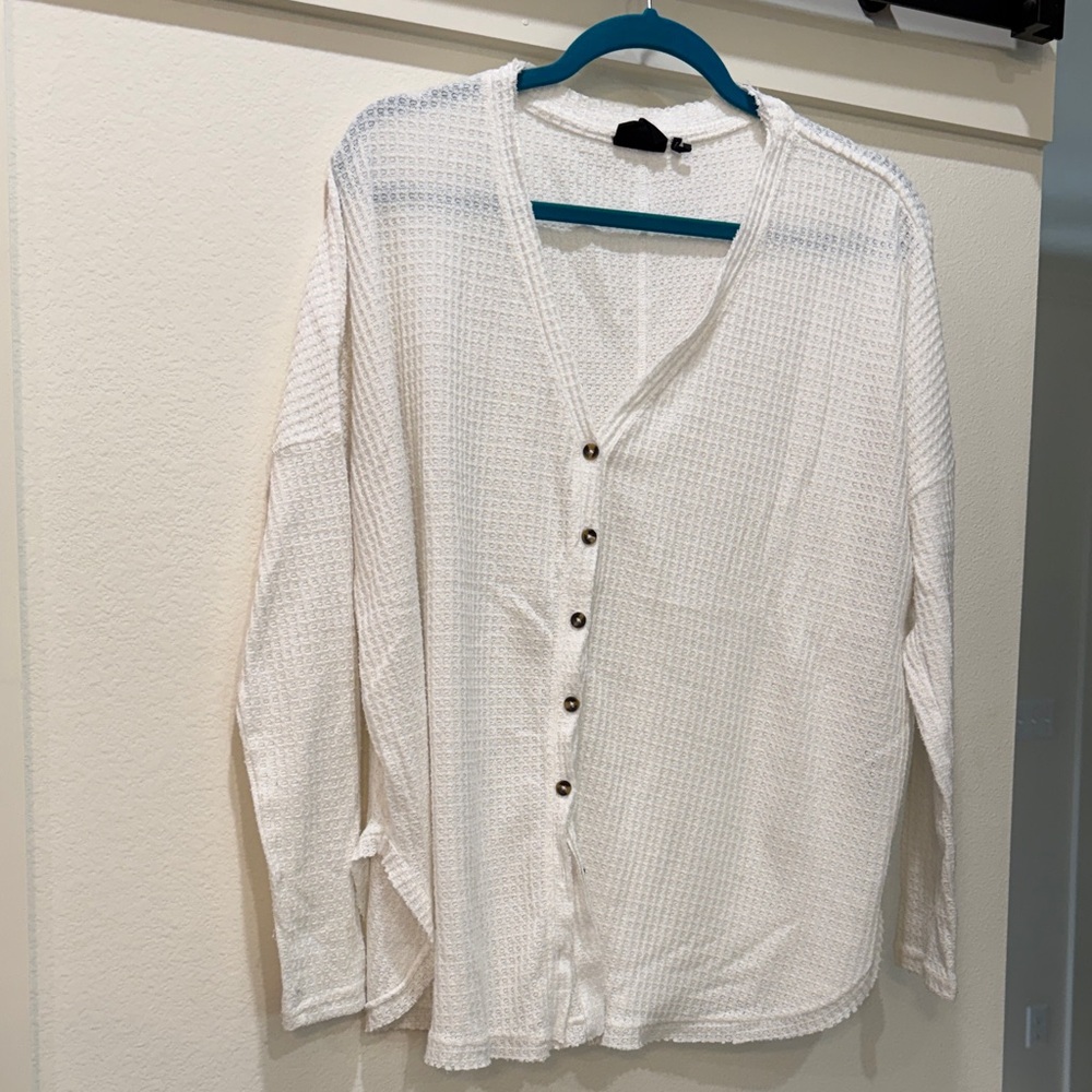 White Textured Button-Up Tunic